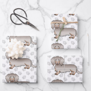 Isabella & Tan Langharige Dachshund Patroon & Poot Inpakpapier Vel