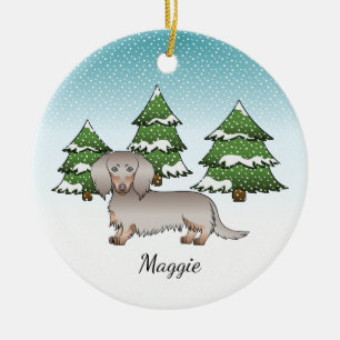 Isabella & Tan Langharige Dachshund Winterbos Keramisch Ornament
