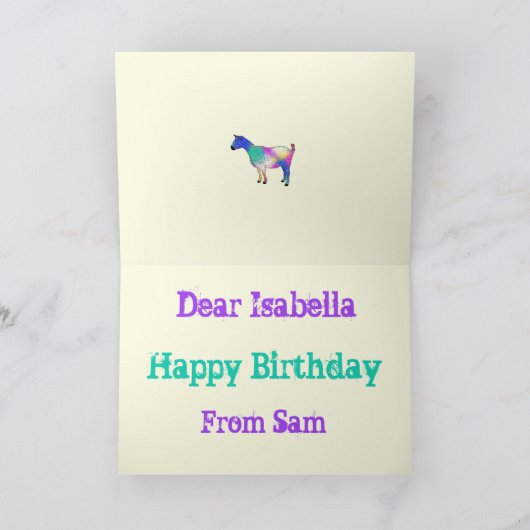 Isabella voegt naam kleurrijke geitenschaafkunst t kaart (Binnen)