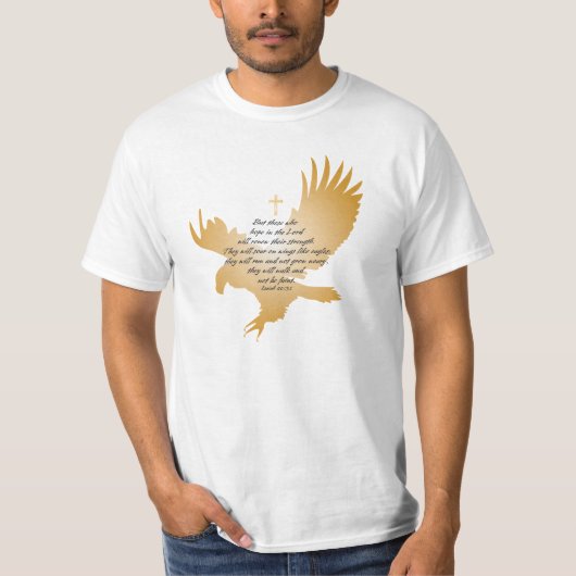 Isaiah 40:31 Manuscript met Eagle en Kruis T-shirt (Voorkant)