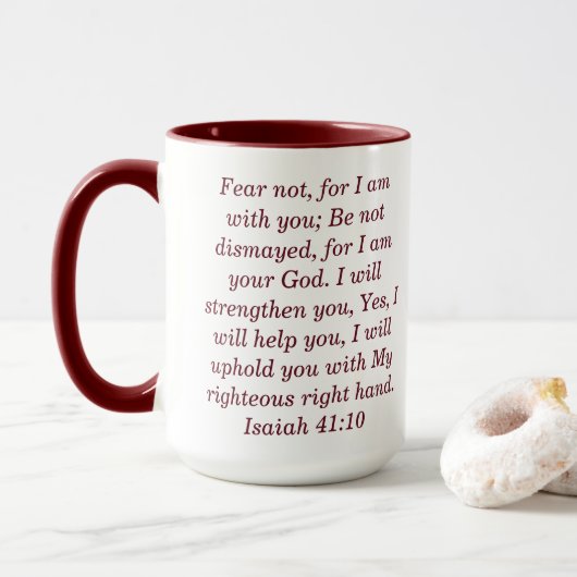 Isaiah 41:10 Aangepaste Schrift Tweekleurige koffi Mok (Met donut)