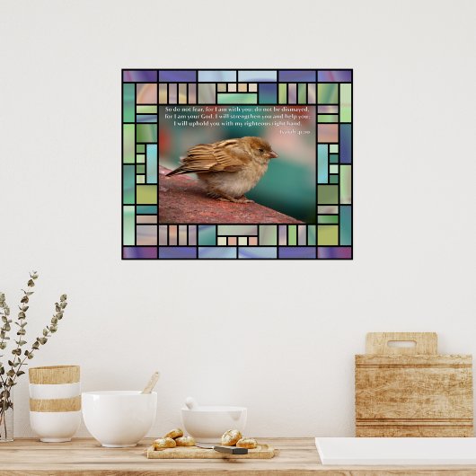 Isaiah 41:10 Bijbelverse met vogel-Glas in lood Poster (Keuken)