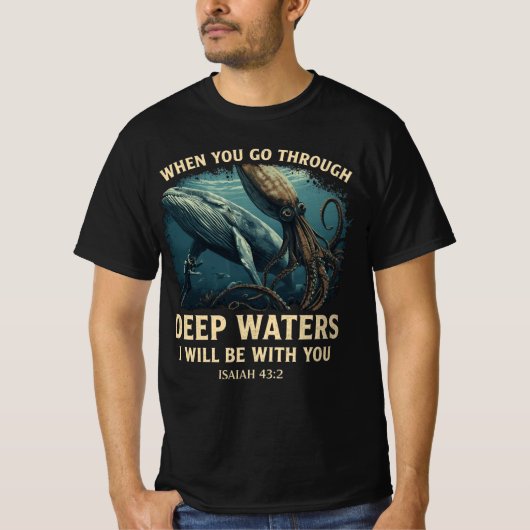 Isaiah 43:2 Whale Deep Waters Christian T-shirt (Voorkant)