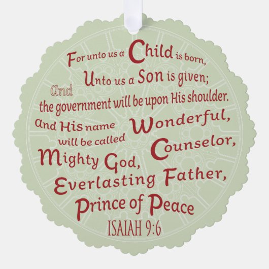 Isaiah 9:6 in kerstkleuren ornament kaart (Voorkant)