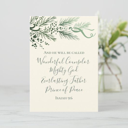 Isaiah 9:6 Scripture Pine & Bow Photo Christmas Feestdagenkaart (Staand voorkant)