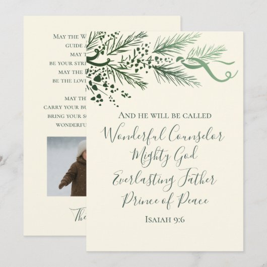 Isaiah 9:6 Scripture Pine & Bow Photo Christmas Feestdagenkaart (Voorkant / Achterkant)