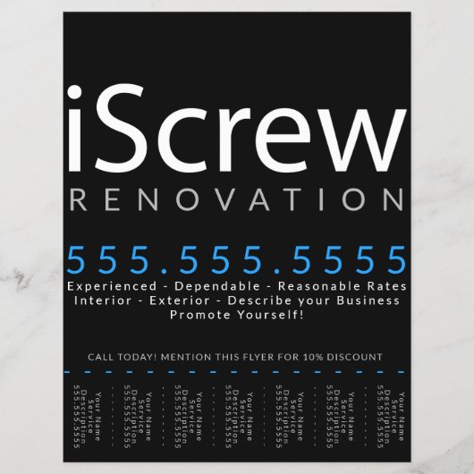 iScrew. Timmerman Aannemer Bouwer Scheurblad Flyer (Voorkant)