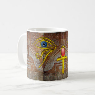 ISIS, GOLD ANKH EN BLAUW HORUS EYE Brown Koffiemok