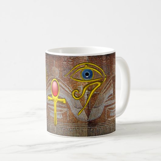 ISIS, GOUDEN ANKH EN BLAUW HORUS EYE Bruin Koffiemok (Voorkant rechts)