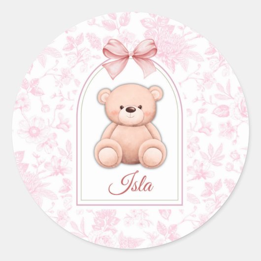Isla | Aangepaste Roze Teddybeer Nursery Design Ronde Sticker (Voorkant)