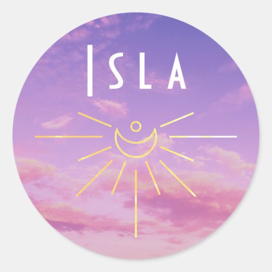 Isla naam aangepaste stickers rond zon Boho Hippie (Voorkant)