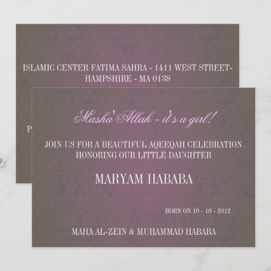 Islam mashallah Islamitisch babymeisje paarse vint Kaart (Voorkant / Achterkant)