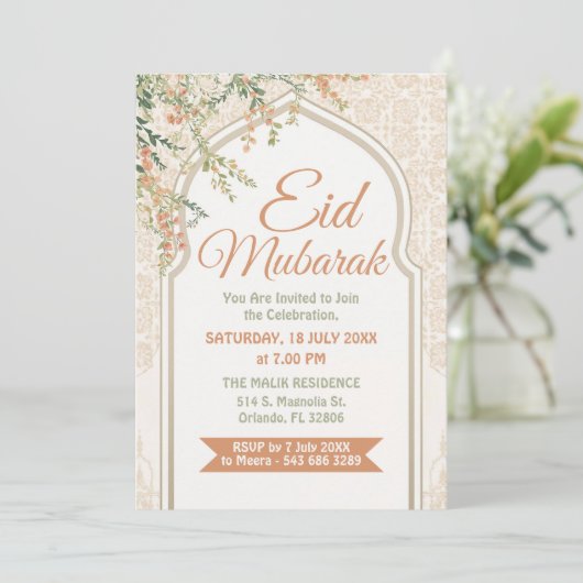 Islamic Arch Floral Eid Mubarak Invitation Kaart (Staand voorkant)