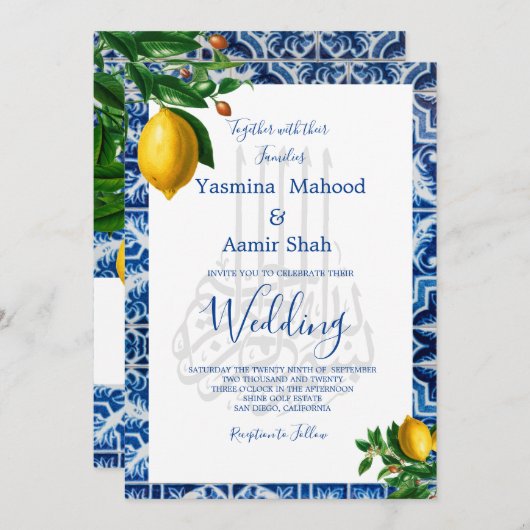 Islamic Bismillah Lemons Blue White Tile Monogram Kaart (Voorkant / Achterkant)