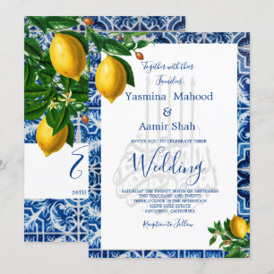 Islamic Bismillah Lemons Blue White Tile Monogram Kaart