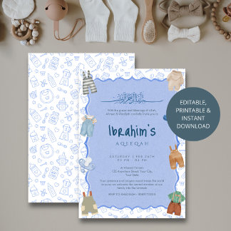 Islamic Blue Watercolor Baby Boy Aqiqah Invitation Kaart