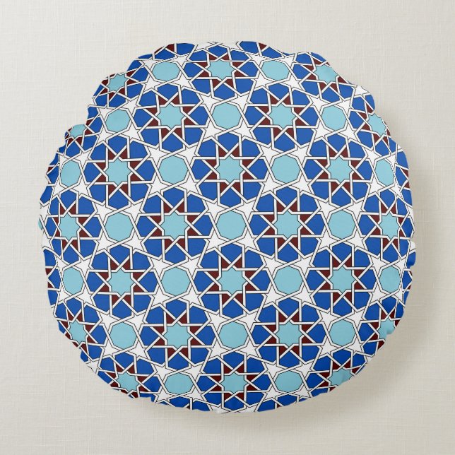 Islamic Blue White Moroccan Geometric Pattern Rond Kussen (Voorkant)