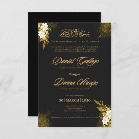 Islamic Elegant Black & Gold Wedding Invitation | (Voorkant / Achterkant)