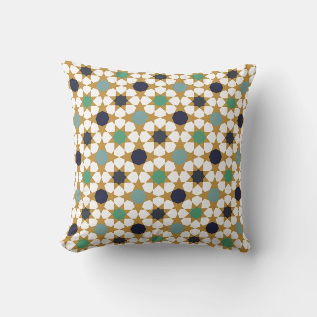 Islamic Geometric Blue Gold Motif Pattern Kussen (Voorkant)