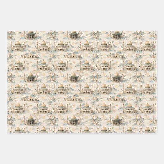 Islamic Gift Wrap Set 3 Elegant Eid Ramadan Hajj Inpakpapier Vel (Voorkant)