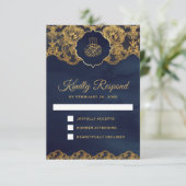 Islamic Weddenschap Navy Blue Gold Foil Lace RSVP Kaartje (Staand voorkant)