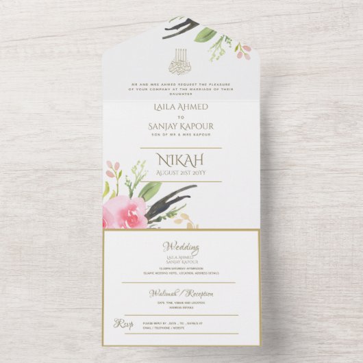 Islamic WEDDING NIKAH WALLIMAH Flowers All In One Uitnodiging (Binnen)