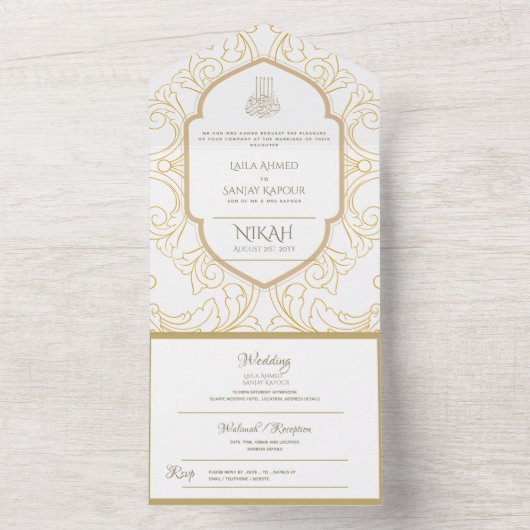 Islamic WEDDING NIKAH WALLIMAH Gold  All In One Uitnodiging (Binnen)