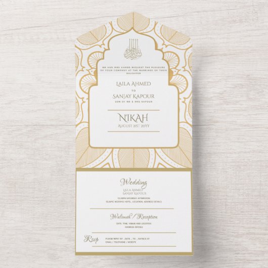 Islamic WEDDING NIKAH WALLIMAH Gold  All In One Uitnodiging (Binnen)