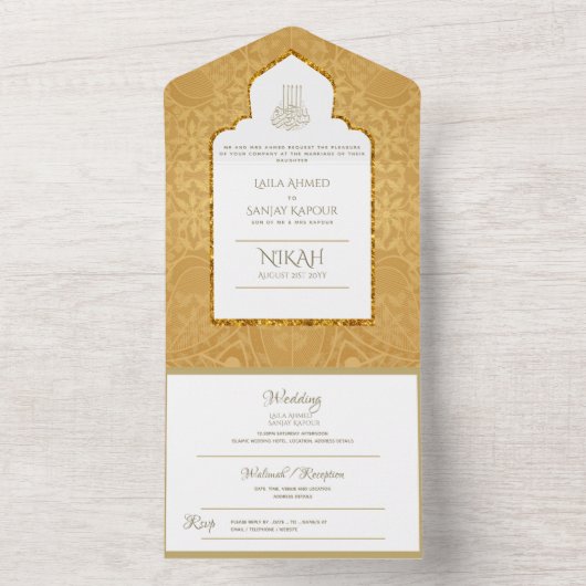 Islamic WEDDING NIKAH WALLIMAH Gold  All In One Uitnodiging (Binnen)