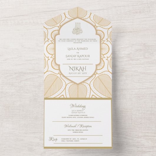Islamic WEDDING NIKAH WALLIMAH Gold  All In One Uitnodiging (Binnen)