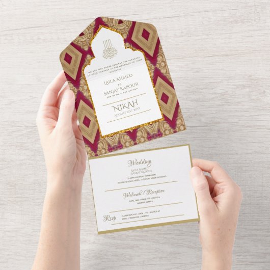 Islamic WEDDING NIKAH WALLIMAH Gold Red All In One Uitnodiging (Afscheurbaar)