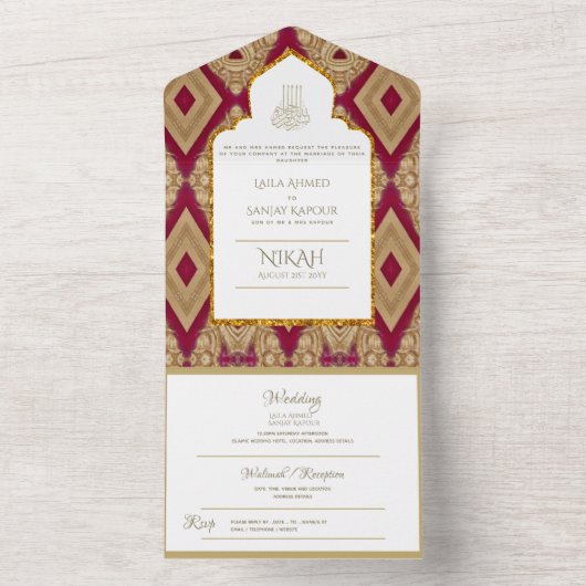 Islamic WEDDING NIKAH WALLIMAH Gold Red  All In One Uitnodiging (Binnen)