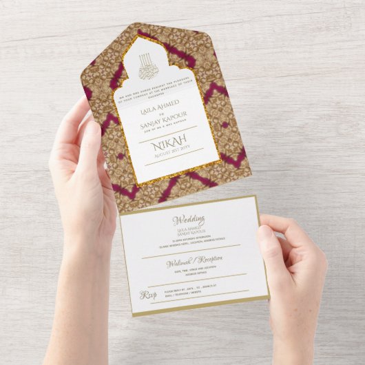 Islamic WEDDING NIKAH WALLIMAH Gold Red  All In One Uitnodiging (Afscheurbaar)