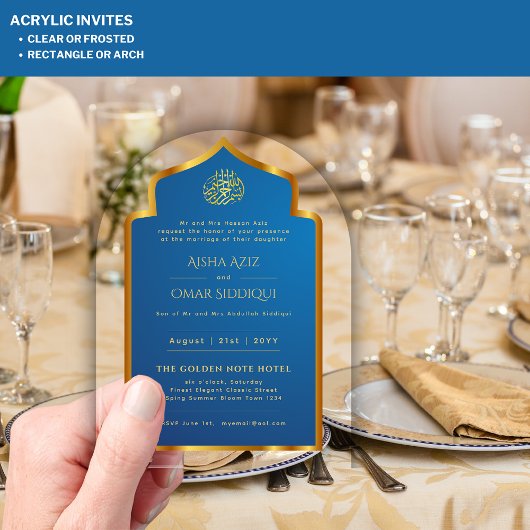 Islamitisch Blauw Goud Nikah Moslim Huwelijk Elega Acryl Uitnodigingen