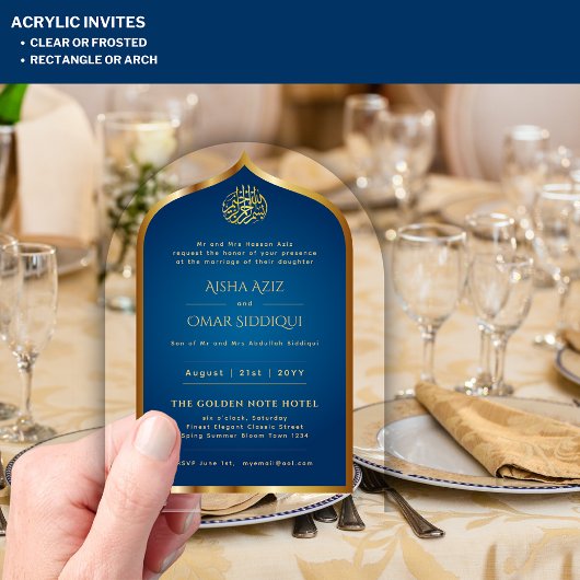 Islamitisch Blauw Goud Nikah Moslim Huwelijk Elega Acryl Uitnodigingen
