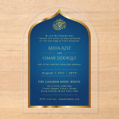 Islamitisch Blauw Goud Nikah Moslim Huwelijk Elega Acryl Uitnodigingen (Voorkant)