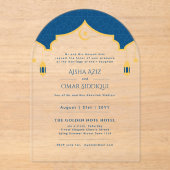 Islamitisch Blauw Goud Nikah Moslim Huwelijk Elega Acryl Uitnodigingen (Voorkant)