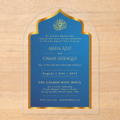 Islamitisch Blauw Goud Nikah Moslim Huwelijk Elega Acryl Uitnodigingen (Voorkant)