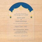 Islamitisch Blauw Goud Nikah Moslim Trouwdag Elega Acryl Uitnodigingen (Voorkant)
