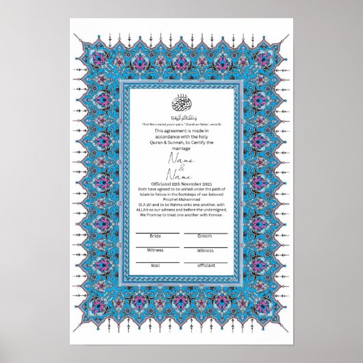 Islamitisch Blauw grenspatronen Nikkah certificaat Poster (Voorkant)
