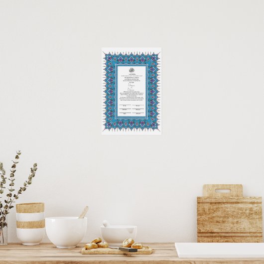 Islamitisch Blauw grenspatronen Nikkah certificaat Poster (Keuken)