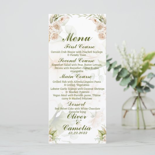 Islamitisch Bloemen Groen & Beige Bruiloft Menu (Staand voorkant)