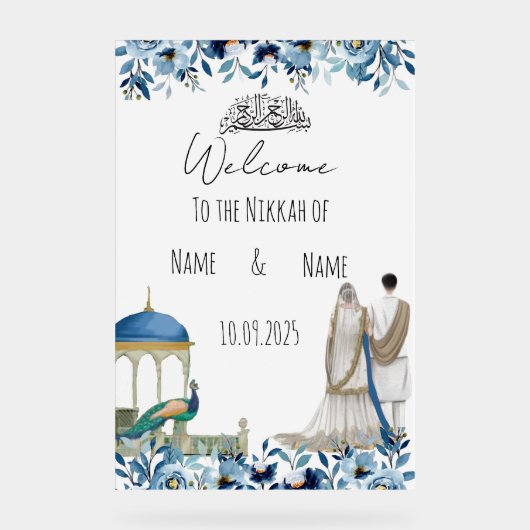 Islamitisch bloemenblauw Nikkah teken Acryl Bord (Voorkant)
