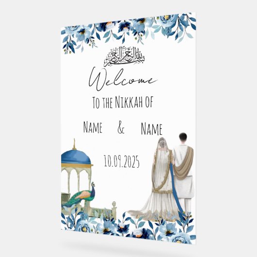 Islamitisch bloemenblauw Nikkah teken Acryl Bord (Hoek)