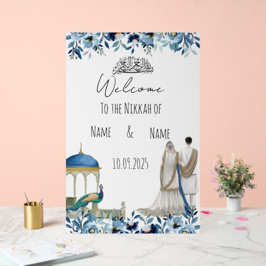 Islamitisch bloemenblauw Nikkah teken Acryl Bord (Huwelijk)