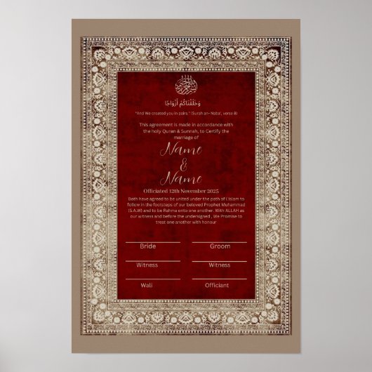 Islamitisch Elegant Rood en goud Nikkah certificaa Poster (Voorkant)