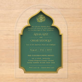 Islamitisch goud groen Nikah Walima Muslim Elegant Acryl Uitnodigingen (Voorkant)