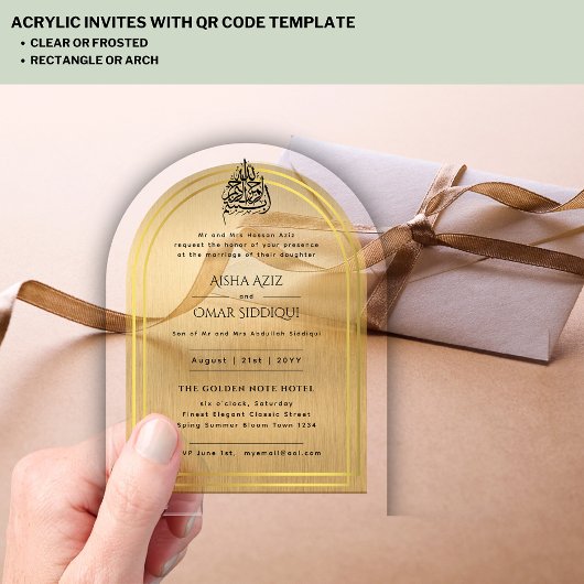 Islamitisch goud Nikah Walima Muslim Elegant Acryl Uitnodigingen