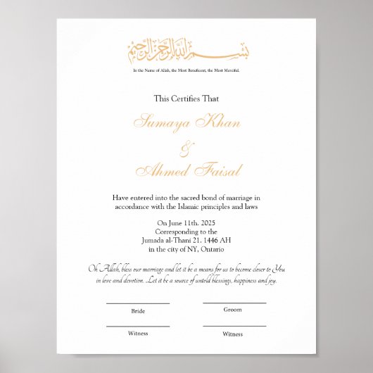 Islamitisch huwelijksattest, Nikkah Certificate P Poster (Voorkant)