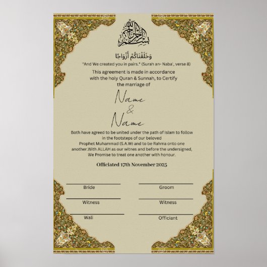 Islamitisch Nikkah Certificaat Poster (Voorkant)